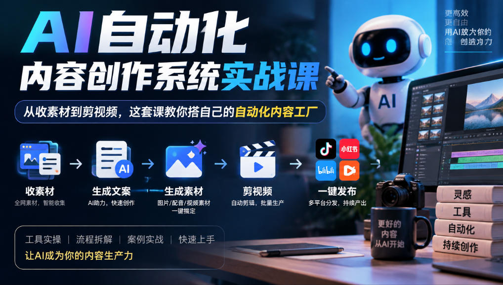 AI自动化内容创作系统实战课,从收素材到剪视频,这套课教你搭自己的自动化内容工厂-摇钱树