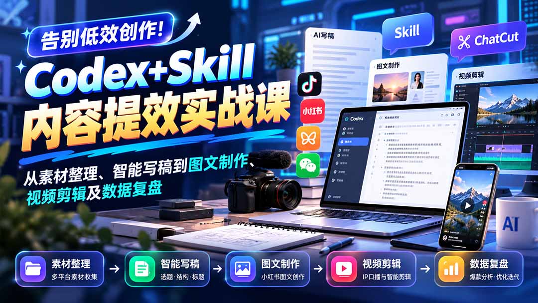 【无水印】告别低效创作！Codex+Skill内容提效实战课：从素材整理、智能写稿到图文制作、视频剪辑及数据复盘-摇钱树