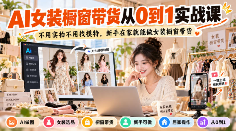 AI女装橱窗带货从0到1实战课，不用实拍不用找模特，新手在家就能做女装橱窗带货-好学创业资源