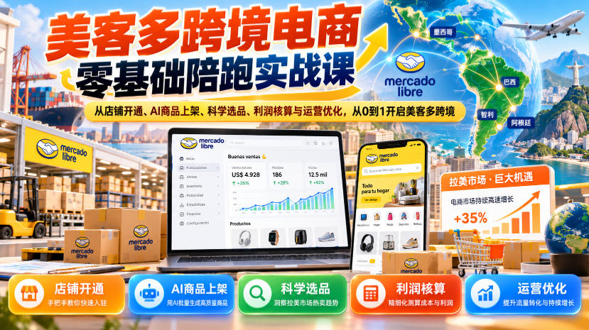 美客多跨境电商零基础陪跑实战课：从店铺开通、AI商品上架、科学选品、利润核算与运营优化，从0到1开启美客多跨境-摇钱树