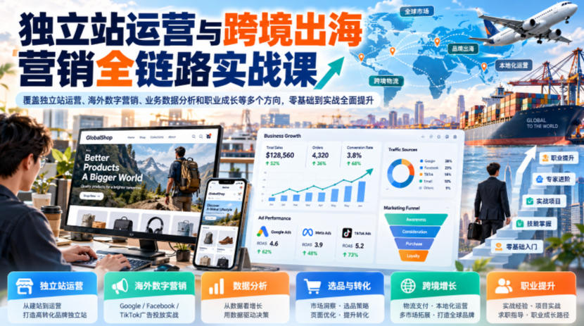 独立站运营与跨境出海营销全链路实战课,覆盖独立站运营、海外数字营销、业务数据分析和职业成长等多个方向,零基础到实战全面提升-摇钱树