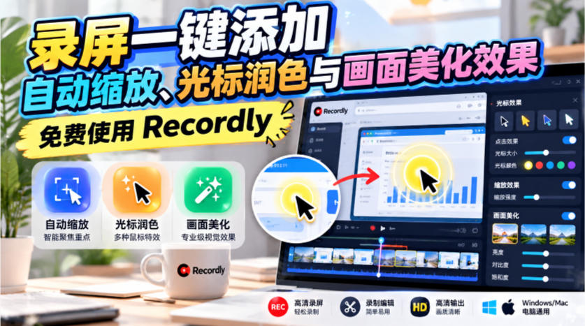 录屏一键添加自动缩放、光标润色与画面美化效果，免费使用Recordly
