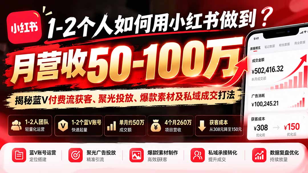 1-2个人如何用小红书做到月营收50-100万?揭秘蓝V付费流获客、聚光投放、爆款素材及私域成交打法-摇钱树