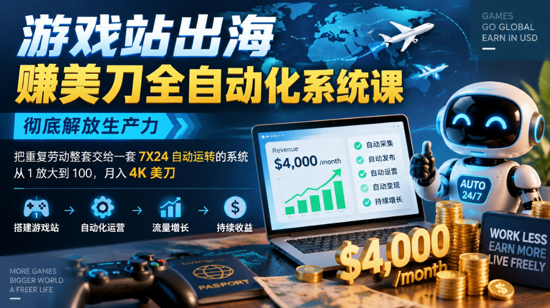 游戏站出海賺美刀全自动化系统课，彻底解放生产力--把重复劳动整套交给一套7X24自动运转的系统，从1放大到100，月入4K美刀-摇钱树
