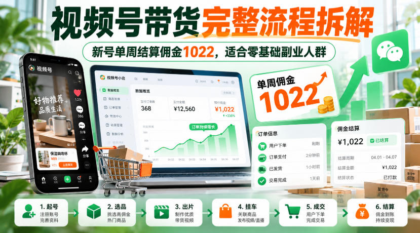 视频号带货完整流程拆解,新号单周结算佣金1022,适合零基础副业人群-摇钱树