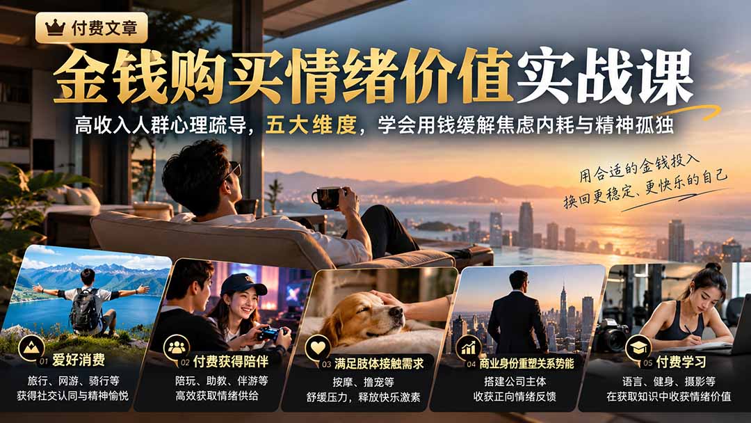 付费文章:金钱购买情绪价值实战课|高收入人群心理疏导,五大维度,学会用钱缓解焦虑内耗与精神孤独-摇钱树