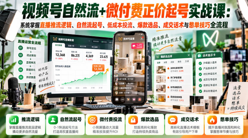 视频号自然流+微付费正价起号实战课：系统掌握直播推流逻辑、自然流起号、低成本投流、爆款选品、成交话术与憋单技巧全流程-摇钱树