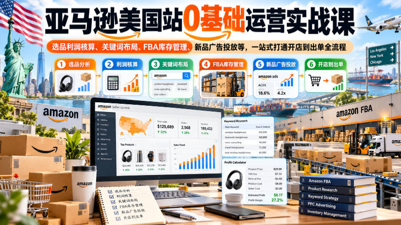 亚马逊美国站0基础运营实战课｜选品利润核算、关键词布局、FBA库存管理、新品广告投放等，一站式打通开店到出单全流程-摇钱树