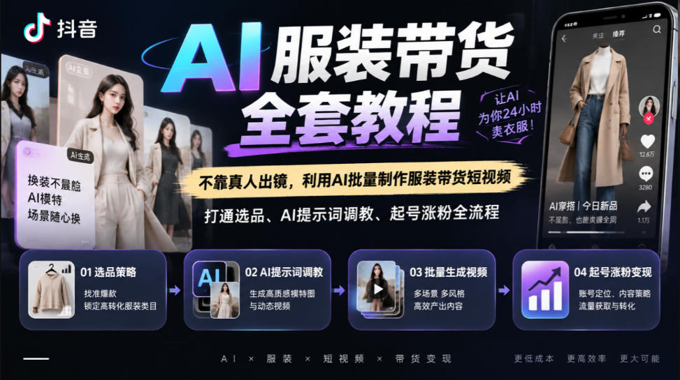 抖音AI服装带货全套教程,不靠真人出镜,利用AI批量制作服装带货短视频,打通选品、AI提示词调教、起号涨粉全流程-天赋网创