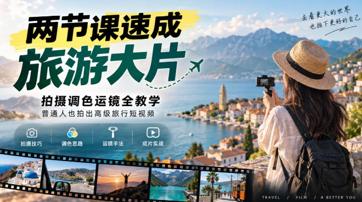 两节课速成旅游大片|拍摄调色运镜全教学,普通人也拍出高级旅行短视频-摇钱树