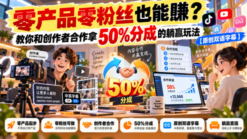 【无水印】零产品零粉丝也能賺?教你和创作者合作拿50%分成的躺赢玩法【原创双语字幕】-摇钱树