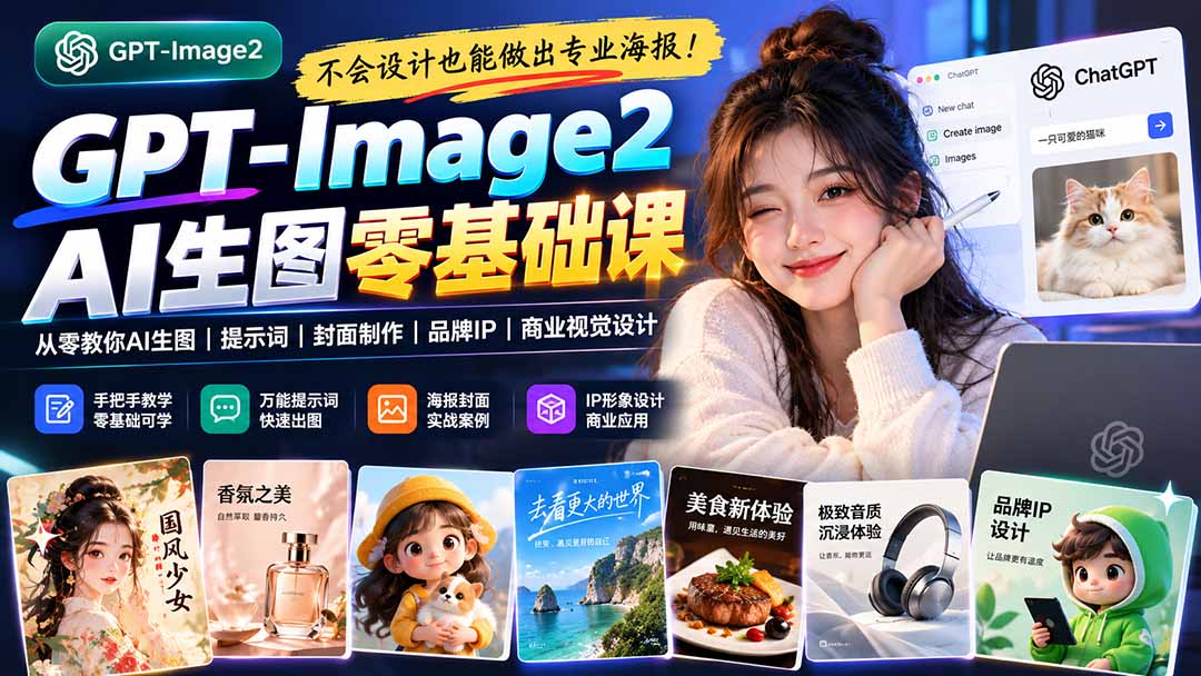 不会设计也能做出专业海报！GPT-Image2从零教你AI生图、提示词、封面制作、品牌IP与商业视觉设计-景枢聚合