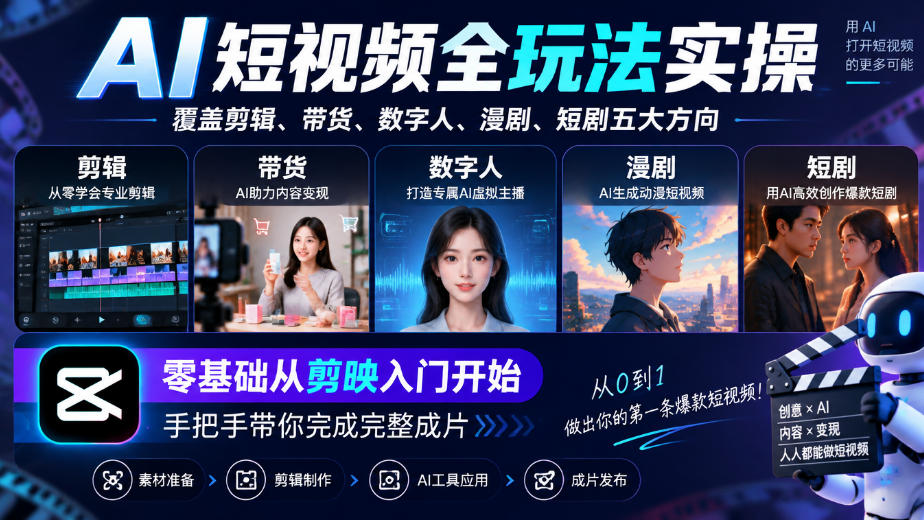 AI短视频全玩法实操,覆盖剪辑、带货、数字人、漫剧、短剧五大方向,零基础从剪映入门开始,手把手带你完成完整成片-摇钱树