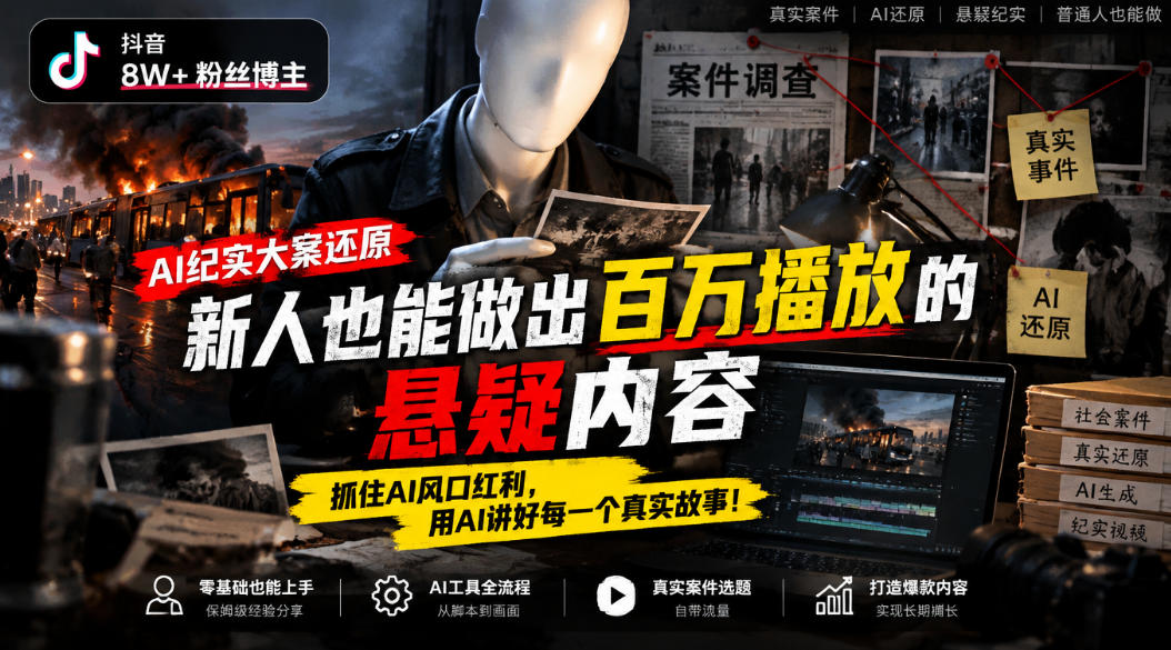 抖音8W粉丝博主的AI纪实大案还原教学，新人也能做出百W播放的悬疑内容，抓住AI风口红利，用AI讲好每一个真实故事(更新1014)-摇钱树