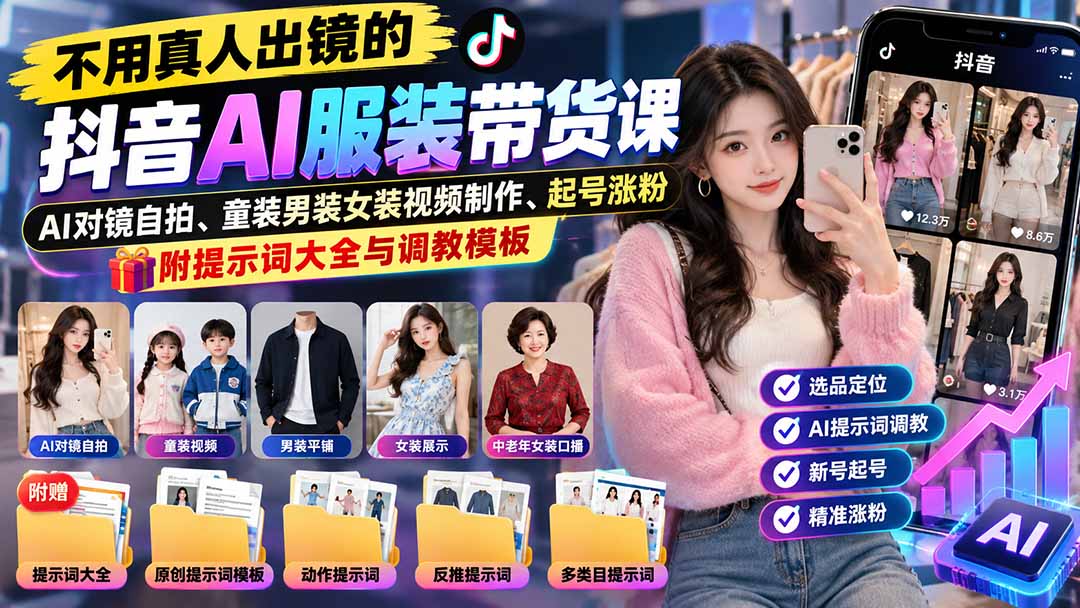 不用真人出镜的抖音AI服装带货课:AI对镜自拍、童装男装女装视频制作、起号涨粉,附提示词大全与调教模板-千帆创业