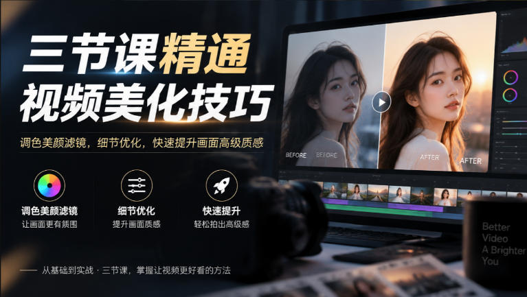 三节课精通视频美化技巧|调色美颜滤镜,细节优化,快速提升画面高级质感-摇钱树