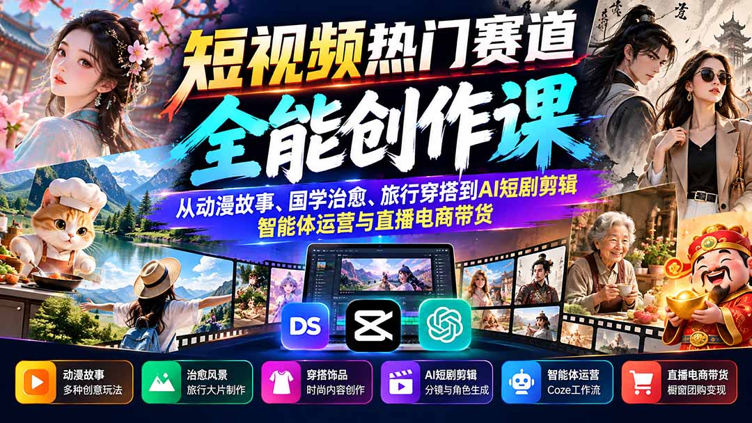 短视频热门赛道全能创作课：从动漫故事、国学治愈、旅行穿搭到AI短剧剪辑、智能体运营与直播电商带货-景枢聚合