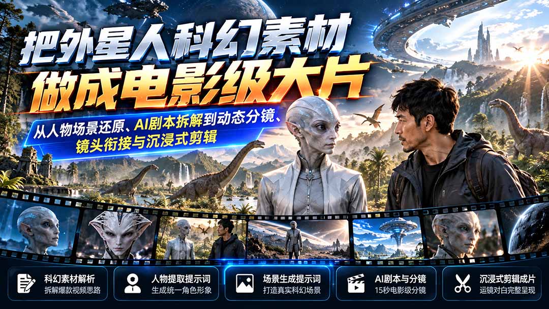 把外星人科幻素材做成电影级大片:从人物场景还原、AI剧本拆解到动态分镜、镜头衔接与沉浸式剪辑-摇钱树