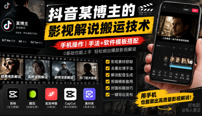 抖音某博主的影视解说搬运技术,手机操作,手法+软件模板搭配-摇钱树