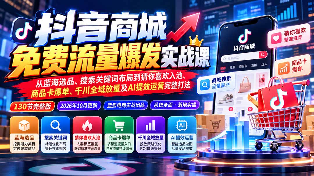 抖音商城免费流量爆发实战:从蓝海选品、搜索关键词布局到猜你喜欢入池、商品卡爆单、千川全域放量及AI提效完整打法-摇钱树