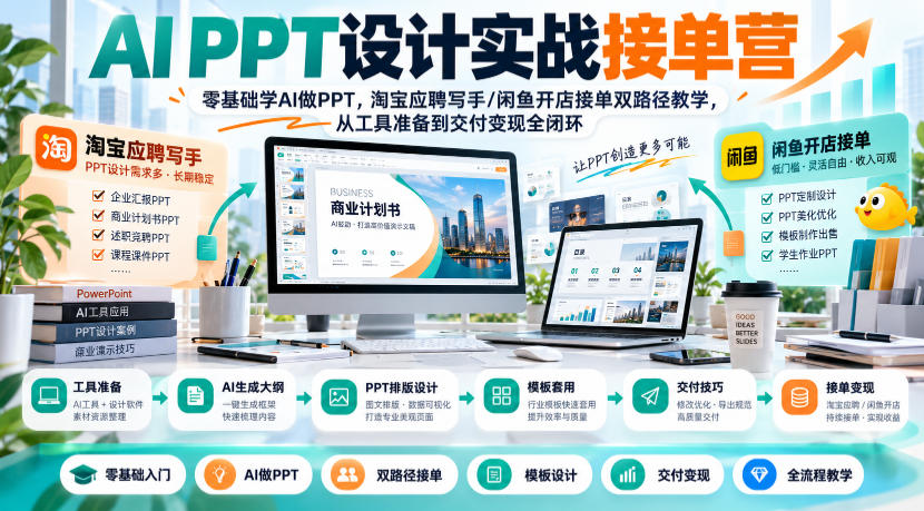 AI PPT设计实战接单营|零基础学AI做PPT,淘宝应聘写手/闲鱼开店接单双路径教学,从工具准备到交付变现全闭环-摇钱树
