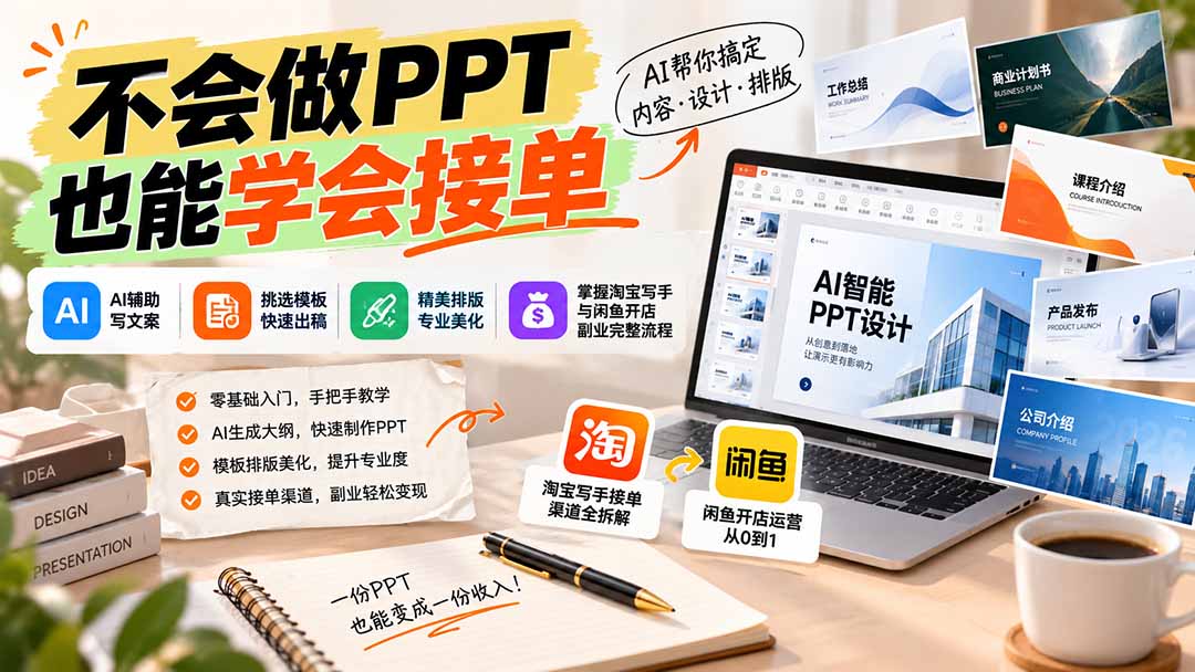 不会做PPT也能学会接单：AI辅助写文案、挑模板、做排版，掌握淘宝写手与闲鱼开店副业完整流程-摇钱树