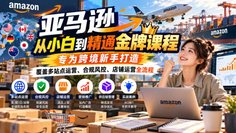 亚马逊从小白到精通金牌课程,专为跨境新手打造,覆盖多站点运营、合规风控、店铺运营全流程-404软件工作室