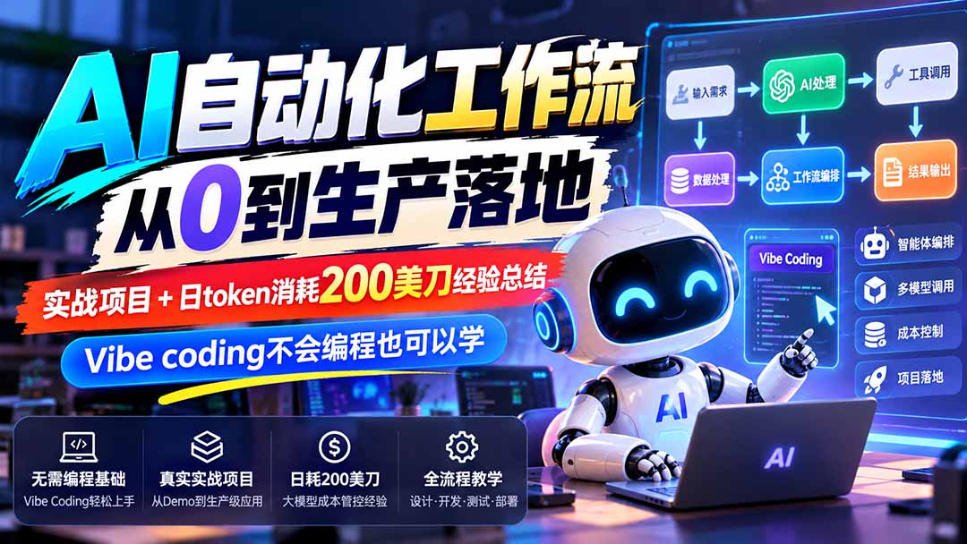 【无水印】AI自动化工作流从0到生产落地，实战项目+日token消耗200美刀经验总结，Vibe coding不会编程也可以学-摇钱树