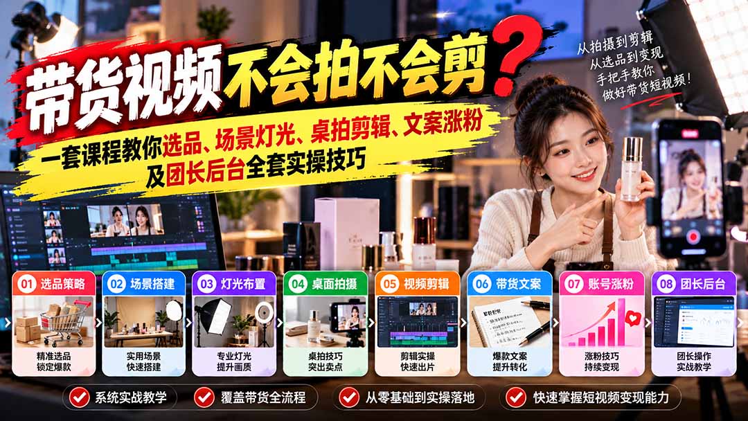 带货视频不会拍不会剪?一套课程教你选品、场景灯光、桌拍剪辑、文案涨粉及团长后台全套实操技巧 复制标题-天赋网创