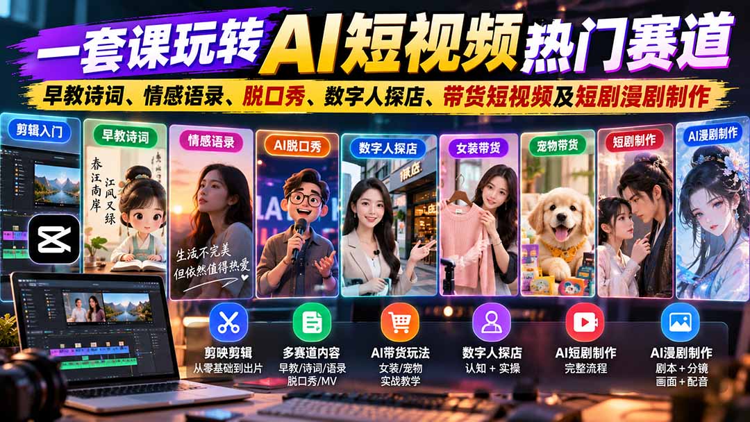 一套课玩转AI短视频热门赛道:早教诗词、情感语录、脱口秀、数字人探店、带货短视频及短剧漫剧制作 复制标题-404软件工作室