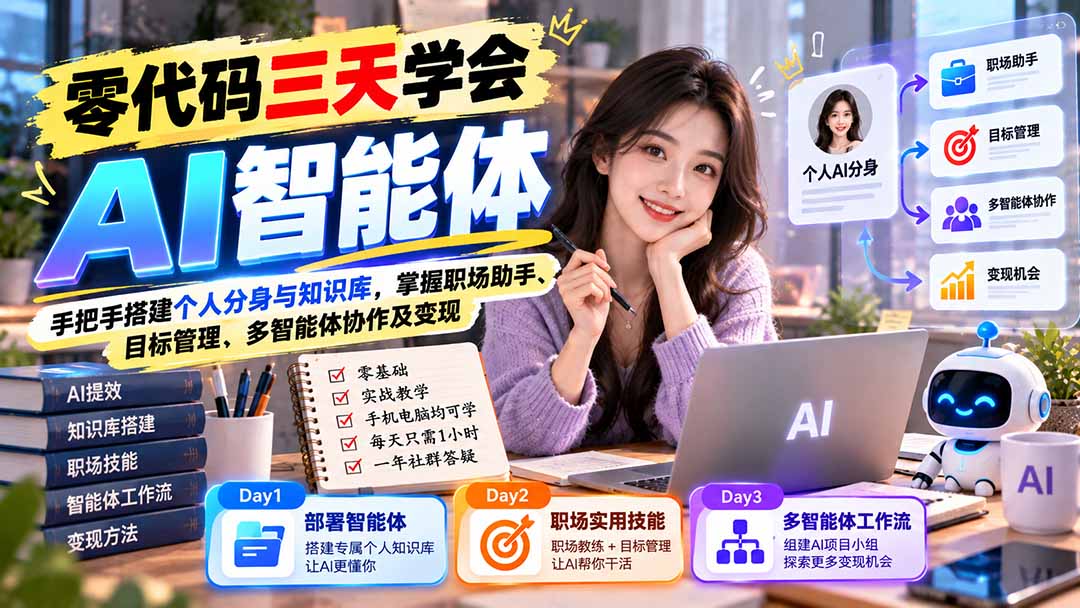 【无水印】零代码三天学会AI智能体：手把手搭建个人分身与知识库，掌握职场助手、目标管理、多智能体协作及变现-天赋网创