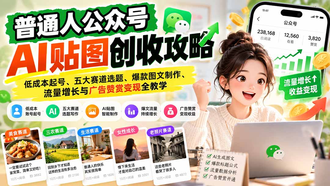 普通人公众号AI贴图创收攻略:低成本起号、五大赛道选题、爆款图文制作、流量增长与广告赞赏变现全教学-摇钱树