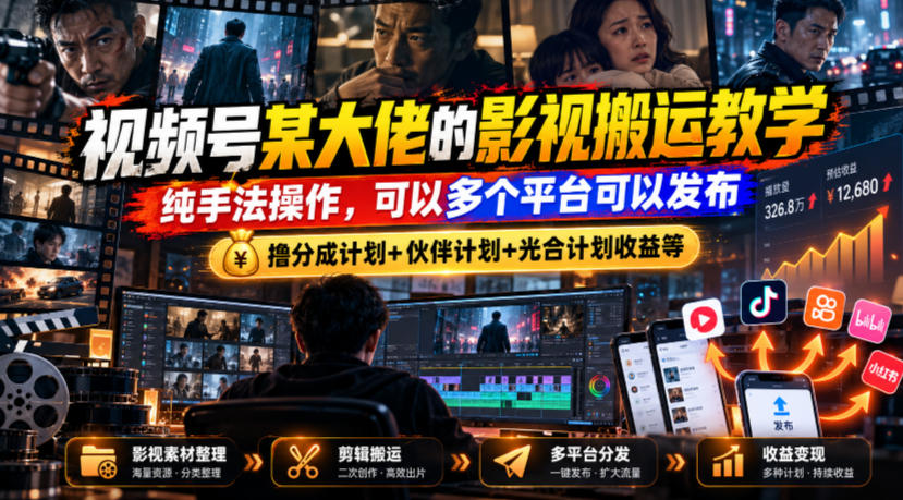 视频号某大佬的影视搬运教学，纯手法操作，可以多个平台可以发布，撸分成计划+伙伴计划+光合计划收益等-404软件工作室