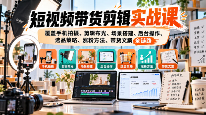 短视频带货剪辑实战课,覆盖手机拍摄、剪辑布光、场景搭建、后台操作、选品策略、涨粉方法、带货文案全链路-摇钱树