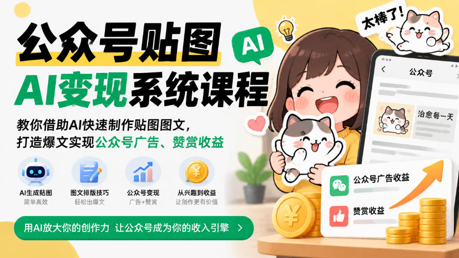 公众号贴图AI变现系统课程｜教你借助AI快速制作贴图图文，打造爆文实现公众号广告、赞赏收益-摇钱树