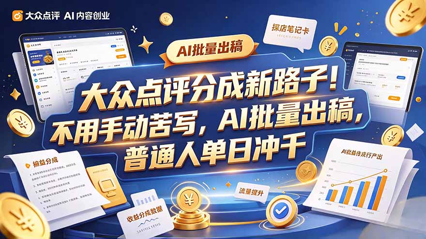 大众点评副业新玩法，工具提效解放双手，批量做笔记，单日可破千-摇钱树