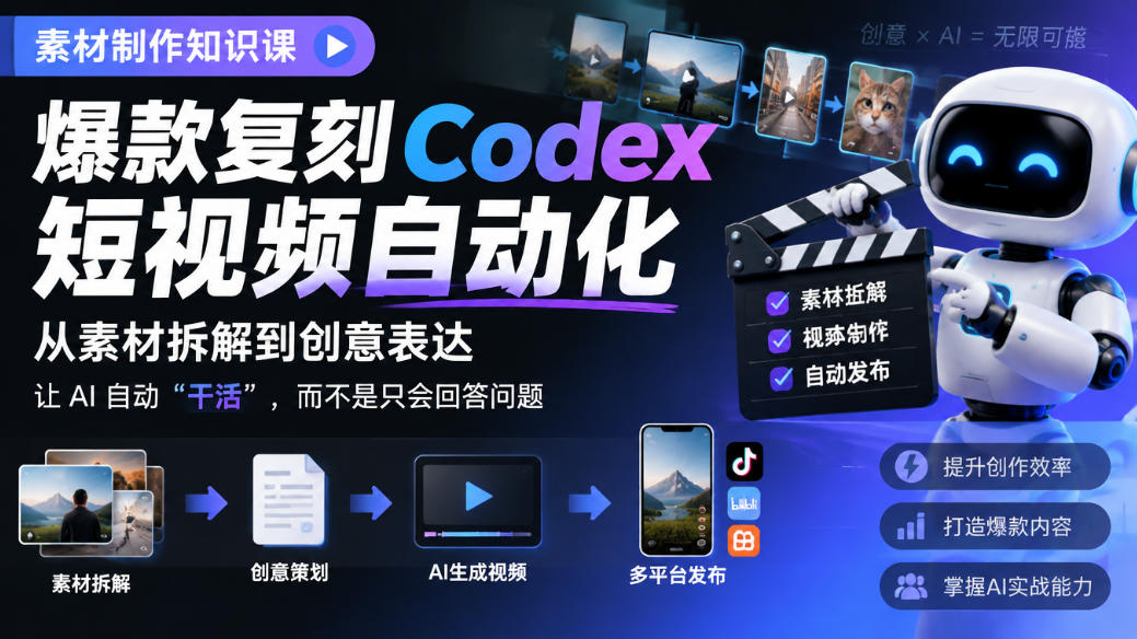 素材制作知识课,爆款复刻Codex短视频自动化,从素材拆解到创意表达,让AI自动“干活”,而不是只会回答问题-摇钱树