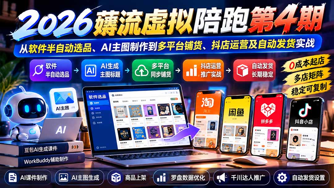 2026薅流虚拟陪跑第4期:从软件半自动选品、AI主图制作到多平台铺货、抖店运营及自动发货实战-摇钱树