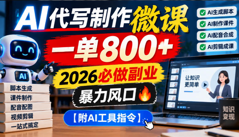 AI代写制作微课,一单800+,2026必做副业,暴力风口【附AI工具指令】【揭秘】-摇钱树