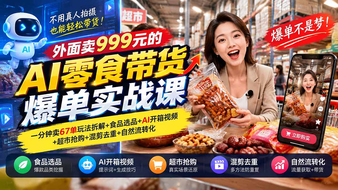 外面卖999元的AI零食带货爆单实战课｜一分钟卖67单玩法拆解+食品选品+AI开箱视频+超市抢购+混剪去重+自然流转化-摇钱树