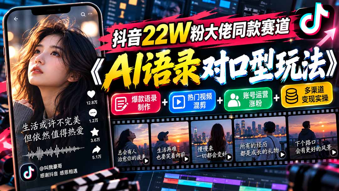 抖音22W粉大佬同款赛道《AI语录对口型玩法》：爆款语录制作+热门视频混剪+账号运营涨粉+多渠道变现实操-摇钱树