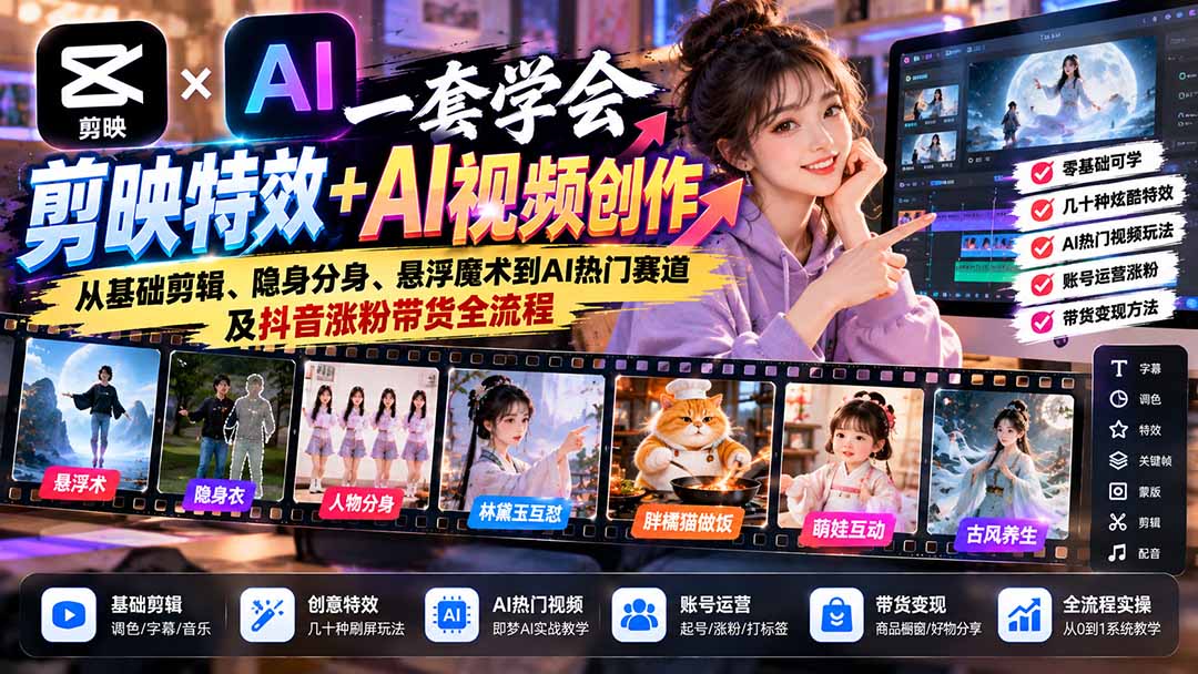 一套学会剪映特效+AI视频创作:从基础剪辑、隐身分身、悬浮魔术到AI热门赛道及抖音涨粉带货全流程-摇钱树