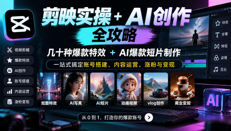 剪映实操+AI创作全攻略|几十种爆款特效+AI爆款短片制作,一站式搞定账号搭建、内容运营、涨粉与变现-好学创业资源