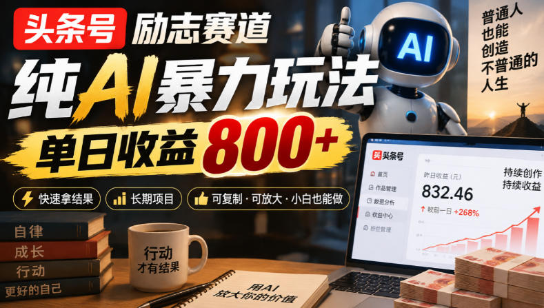 头条号励志赛道，纯AI暴力玩法，单日收益800+，快速拿结果，长期项目-摇钱树
