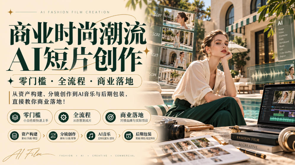 商业时尚潮流AI短片创作|零门槛・全流程・商业落地,从资产构建、分镜创作到AI音乐与后期包装,直接教你商业落地!-千帆创业