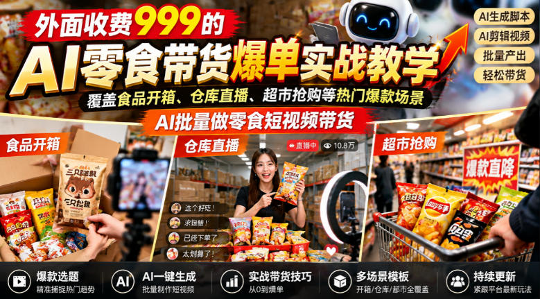 外面收费999的AI零食带货爆单实战教学,覆盖食品开箱、仓库直播、超市抢购等热门爆款场景,AI批量做零食短视频带货-摇钱树
