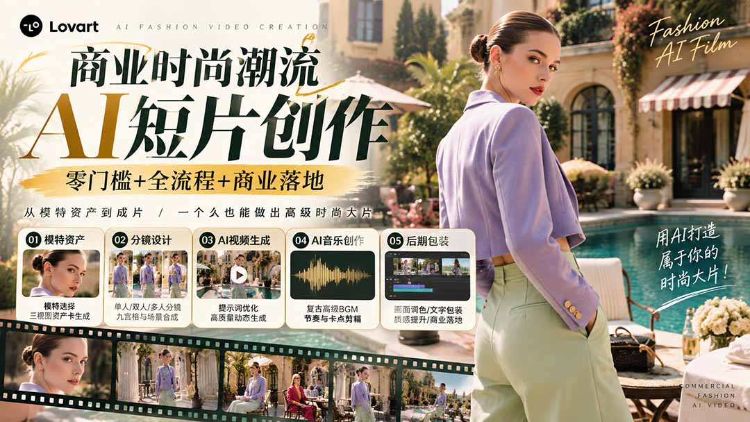 从一张模特图到高级时尚广告大片:AI三视图资产、场景合成、电影分镜、动态生成与复古音乐剪辑实战课-摇钱树