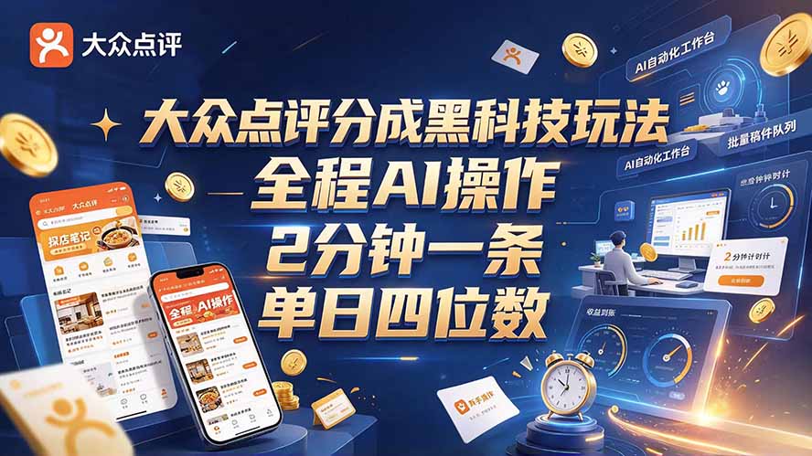 大众点评分成全网独家玩法,AI 全自动出内容,2 分钟一条,小白可冲单日四位数-摇钱树