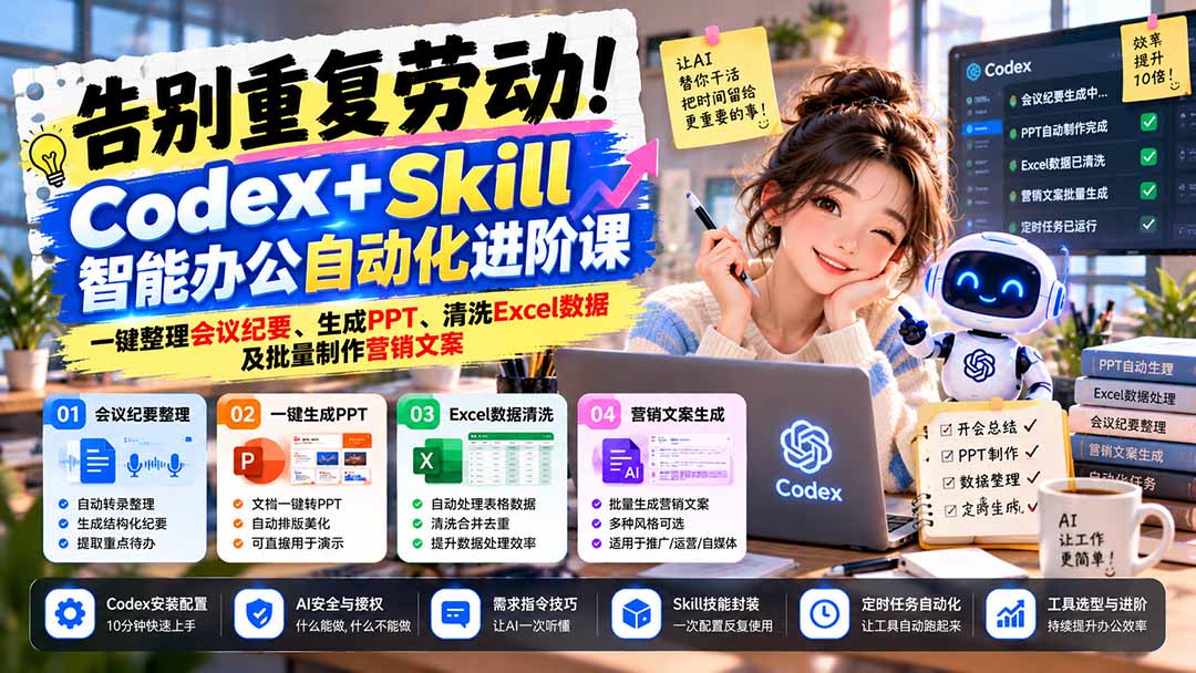 告别重复劳动!Codex+Skill智能办公自动化进阶课:一键整理会议纪要、生成PPT、清洗Excel数据及批量制作营销文案-摇钱树