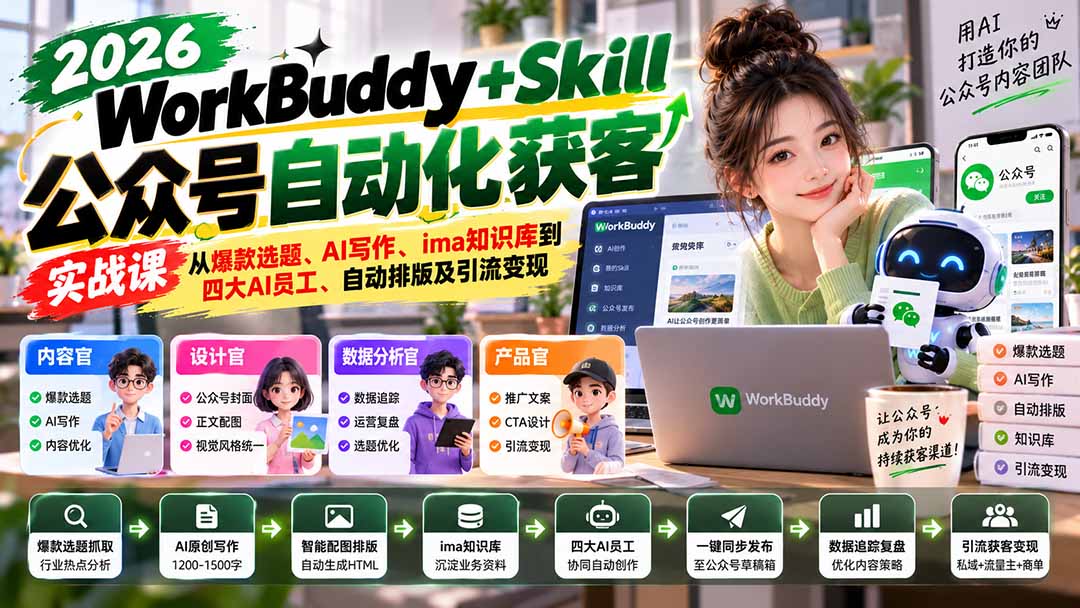 WorkBuddy + Skill公众号自动化获客实战课：从爆款选题、AI写作、ima知识库到四大AI员工、自动排版及引流变现-摇钱树